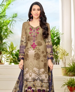 Light Brown Heavy Cotton Printed & Patch Work Straight Pant Suits