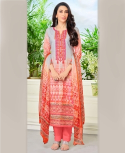Peach Heavy Cotton Printed & Patch Work Straight Pant Suits