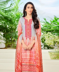 Peach Heavy Cotton Printed & Patch Work Straight Pant Suits