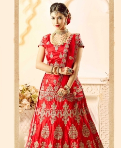 Red Silk Satin Embroidery A Line Lehengas