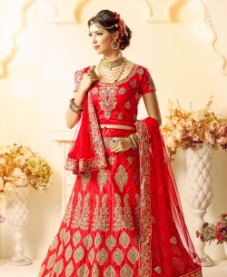 Red Silk Satin Embroidery A Line Lehengas