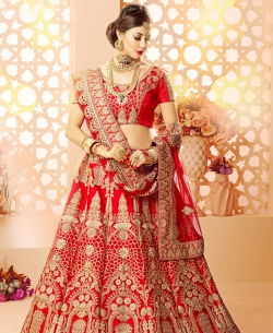 Red Silk Satin Embroidery A Line Lehengas