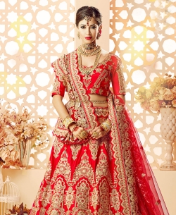Red Silk Satin Embroidery A Line Lehengas