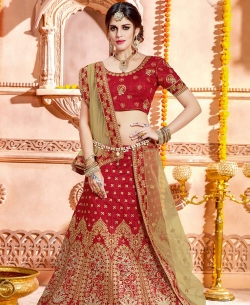 Deep Red Raw Silk Embroidery A Line Lehengas