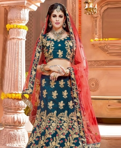 Two- Tone Teal Blue Taffeta Silk Embroidery A Line Lehengas