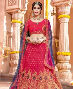 Fuscia Pink Taffeta Silk Embroidery A Line Lehengas