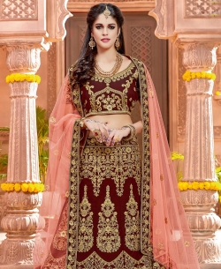 Dark Maroon Raw Silk Embroidery A Line Lehengas