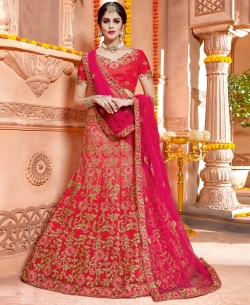 Shaded Coral Pink Taffeta Silk Embroidery A Line Lehengas