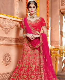 Shaded Coral Pink Taffeta Silk Embroidery A Line Lehengas