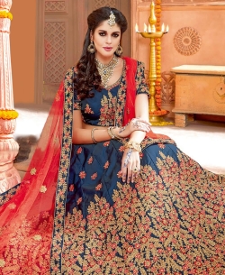 Teal Blue Taffeta Silk Embroidery A Line Lehengas
