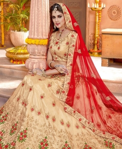 Light Beige Taffeta Silk Embroidery A Line Lehengas