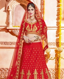 Tomato Red Raw SIlk Embroidery A Line Lehengas