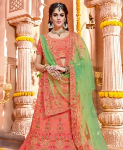Deep Peach Taffeta Silk Embroidery A Line Lehengas