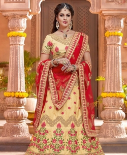Beige Raw Silk Embroidery A Line Lehengas