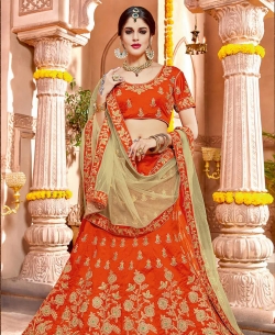 Deep Orange Raw Silk Embroidery A Line Lehengas