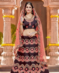 Deep Wine Taffeta Silk Embroidery A Line Lehengas