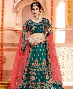 Two- Tone Peacock Green Taffeta Silk Embroidery A Line Lehengas