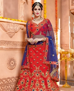 Coral Red Taffeta Silk Embroidery A Line Lehengas