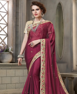 Dark Maroon Two Tone Fabric Border Work Border Sarees