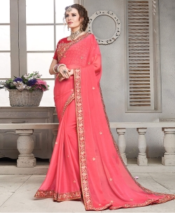 Peach Satin Silk Border Work Border Sarees