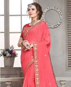 Peach Satin Silk Border Work Border Sarees