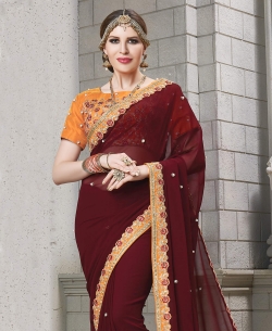 Brown Georgette Border Work Border Sarees