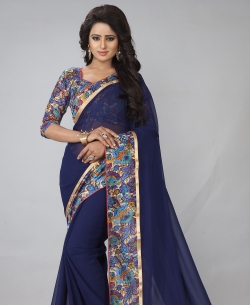 Blue Georgette Printed Border, Lace Border Border Sarees