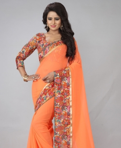 Orange Georgette Printed Border, Lace Border Border Sarees