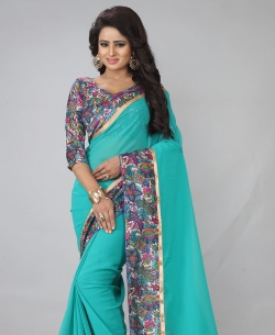 Blue Georgette Printed Border, Lace Border Border Sarees