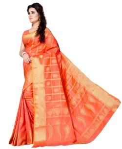 Peach Jacquard Silk Weaving Jacquard Work Traditional Sarees