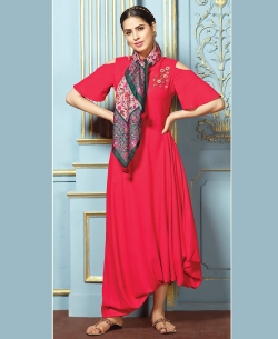 Peach Rayon Cotton Printed Scarf With Tassels Work Anarkali Kurtis