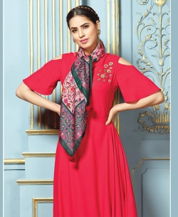 Peach Rayon Cotton Printed Scarf With Tassels Work Anarkali Kurtis
