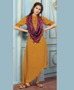 Mustard Yellow Rayon Cotton Printed Scarf With Tassels Work Anarkali Kurtis