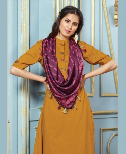 Mustard Yellow Rayon Cotton Printed Scarf With Tassels Work Anarkali Kurtis