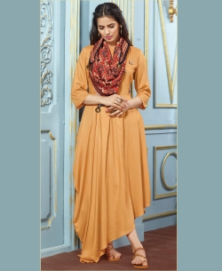 Yellow Rayon Cotton Printed Scarf With Tassels Work Anarkali Kurtis