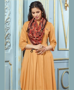 Yellow Rayon Cotton Printed Scarf With Tassels Work Anarkali Kurtis