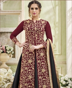 Maroon Faux Georgette Embroidery Long Choli Lehengas