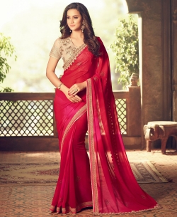 Pink Georgette Lace Border, Stone Work, Printed Designer Sarees