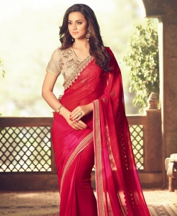 Pink Georgette Lace Border, Stone Work, Printed Designer Sarees