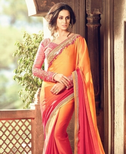Yellow And Pink Crepe Silk Lace Border, Sequins Work Designer Sarees