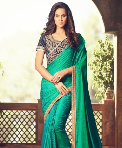 Green Crepe Jacquard Zari Embroidered, Sequins Work Designer Sarees
