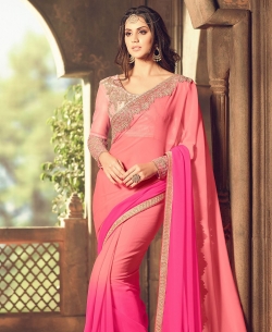 Pink Georgette Embroidered Border, Jacquard, Stone Work Designer Sarees