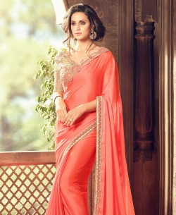 Peach Crepe Silk Zari, Thread Embroidered Bordered, Stone Work Designer Sarees