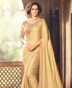 Khaki Crepe Silk Zari, Thread Embroidered Bordered, Stone Work Designer Sarees