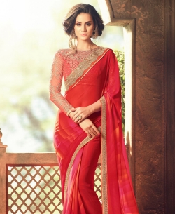 Red Georgette Zari Embroidered Bordered, Stone Work Designer Sarees