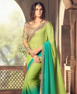 Green Georgette Zari, Thread Embroidered Bordered, Stone Work Designer Sarees