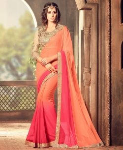 Peach And Pink Georgette Embroidered, Sequins Bordered Designer Sarees