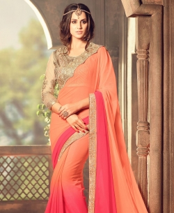 Peach And Pink Georgette Embroidered, Sequins Bordered Designer Sarees