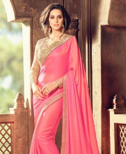 Pink Crepe Silk Zari, Thread Embroidered Bordered, Sequins Work, Stone Work Designer Sarees