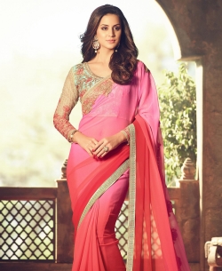 Pink And Red Georgette Zari, Thread Embroidered Bordered, Sequins Work, Stone Work Designer Sarees
